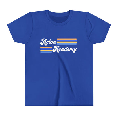 Acton Academy Blue Striped with Madison West on back Youth Short Sleeve Tee