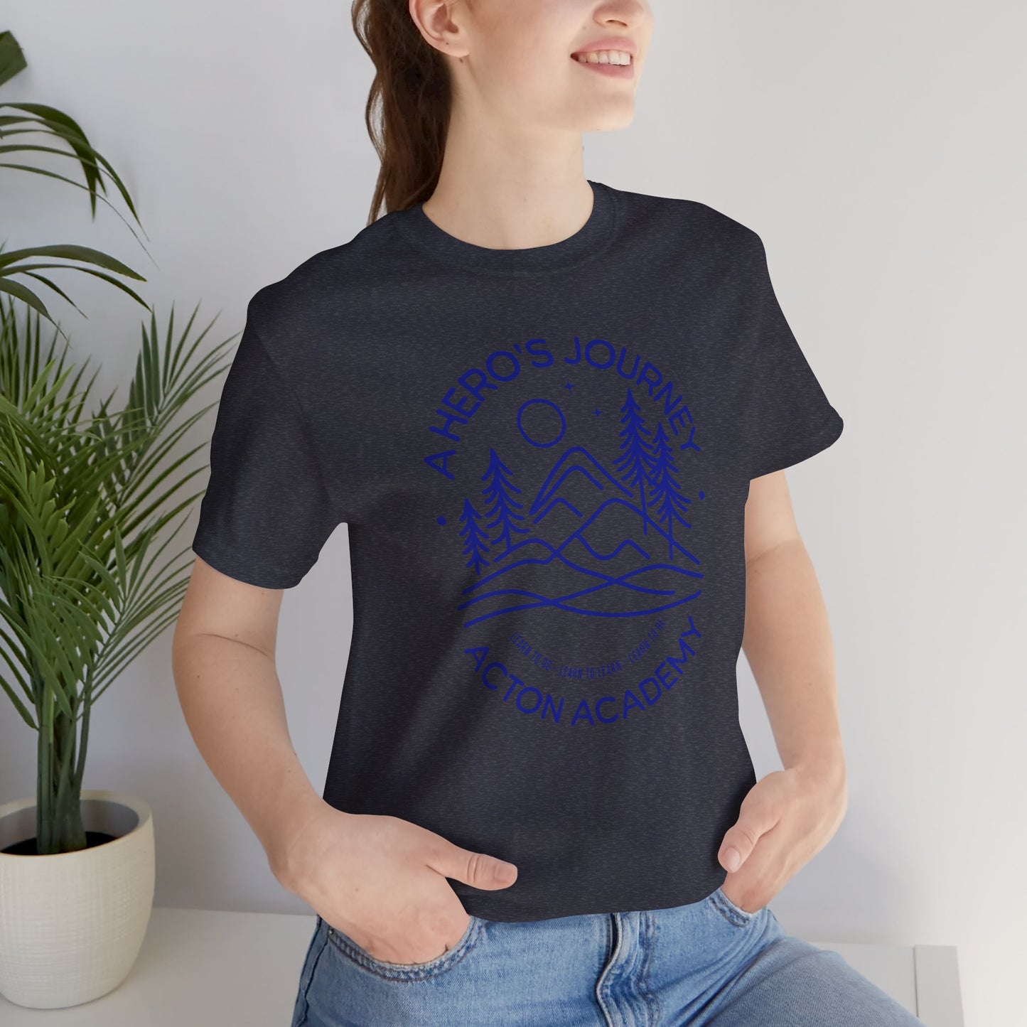 Hero's Journey Line Drawing with Acton Lakewood on back Unisex Jersey Short Sleeve Tee