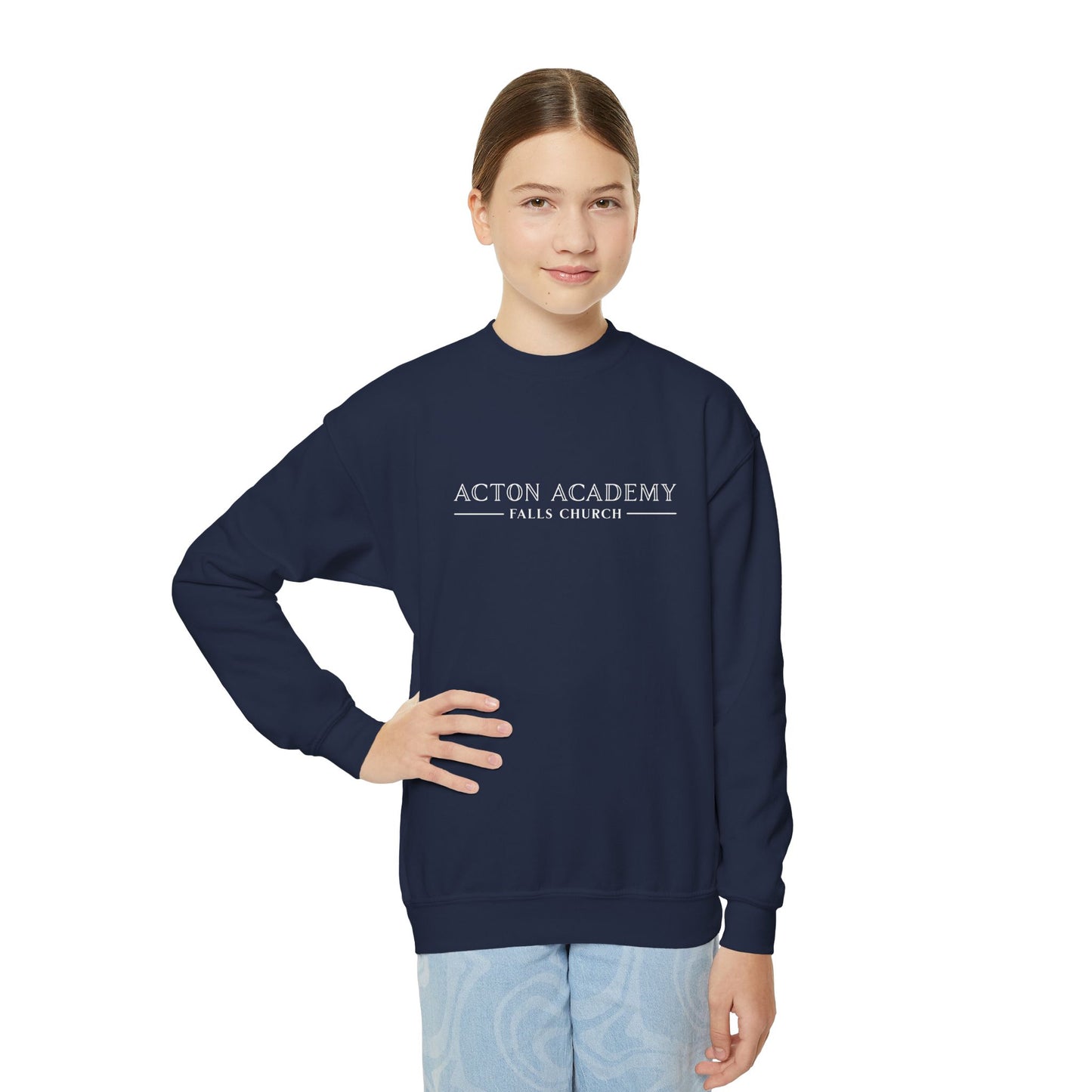 Acton Academy Falls Church White Logo Youth Crewneck Sweatshirt