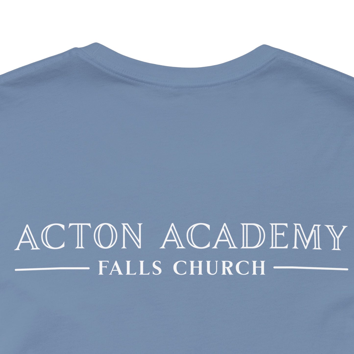 Be Curious with Falls Church on back Plain Unisex Jersey Short Sleeve Tee