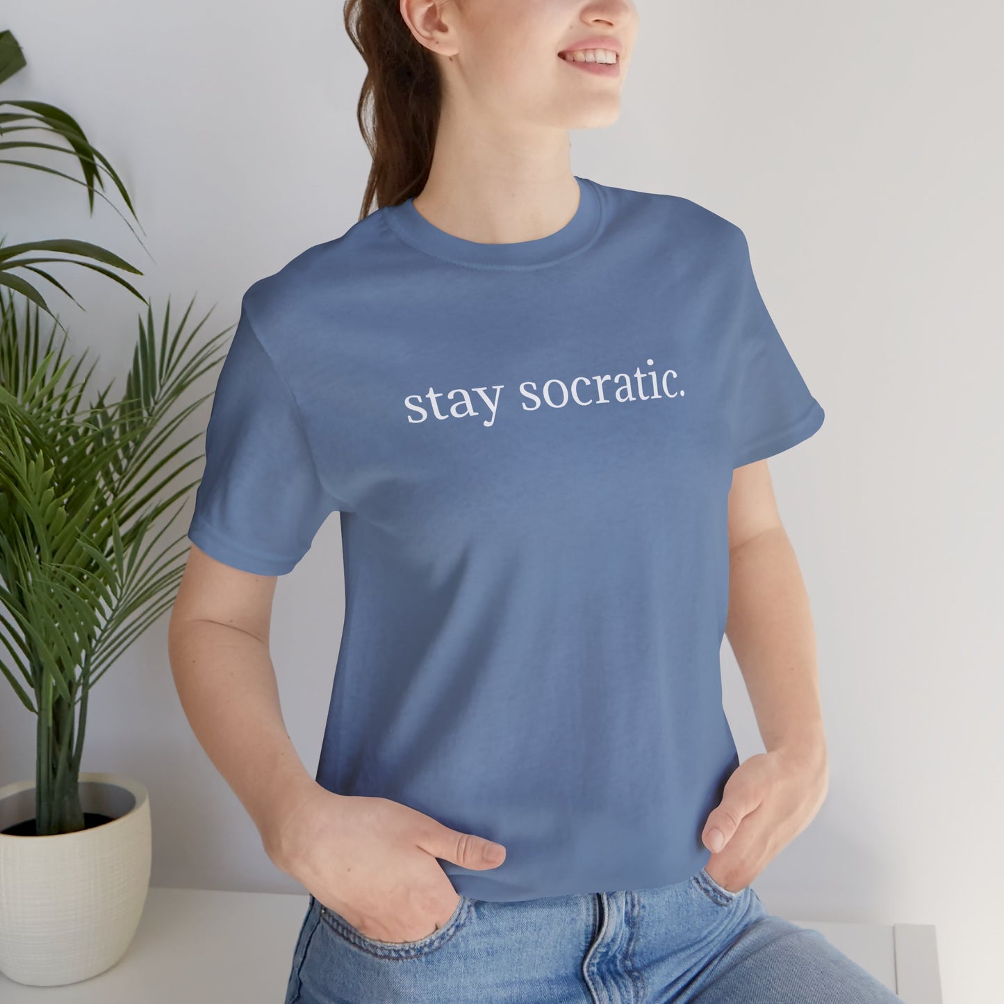 Stay Socratic with Falls Church on back Unisex Jersey Short Sleeve Tee