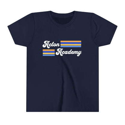 Acton Academy Blue Striped with Madison West on back Youth Short Sleeve Tee