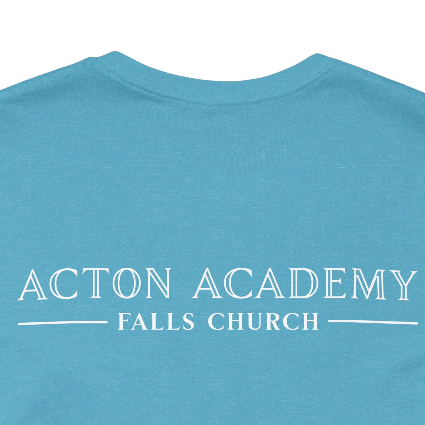 Be Curious with Falls Church on back Plain Unisex Jersey Short Sleeve Tee