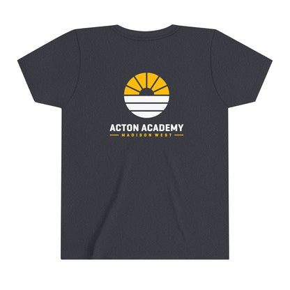 Acton Academy Blue Striped with Madison West on back Youth Short Sleeve Tee