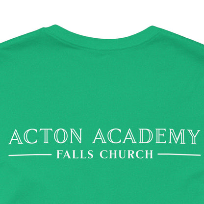 Be Curious with Falls Church on back Plain Unisex Jersey Short Sleeve Tee
