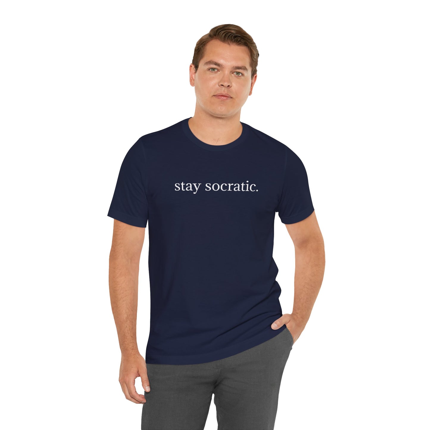Stay Socratic with Falls Church on back Unisex Jersey Short Sleeve Tee