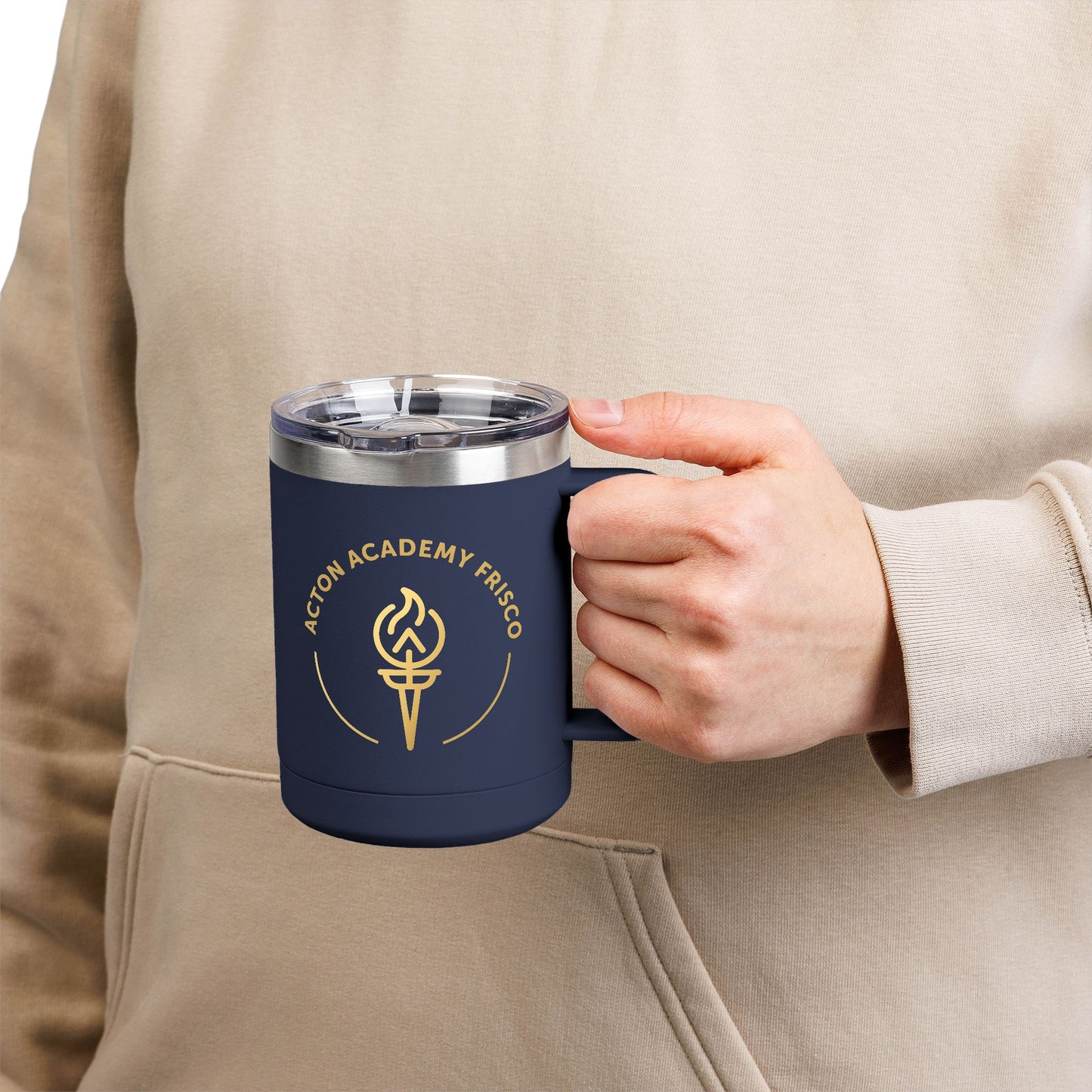 15oz Navy Travel Mug with Gold 'Acton Academy Frisco' Torch Logo