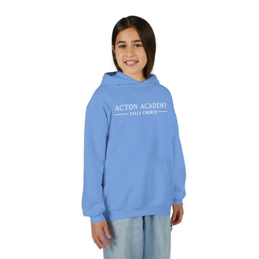 Acton Academy Falls Church White Logo Youth Hooded Sweatshirt