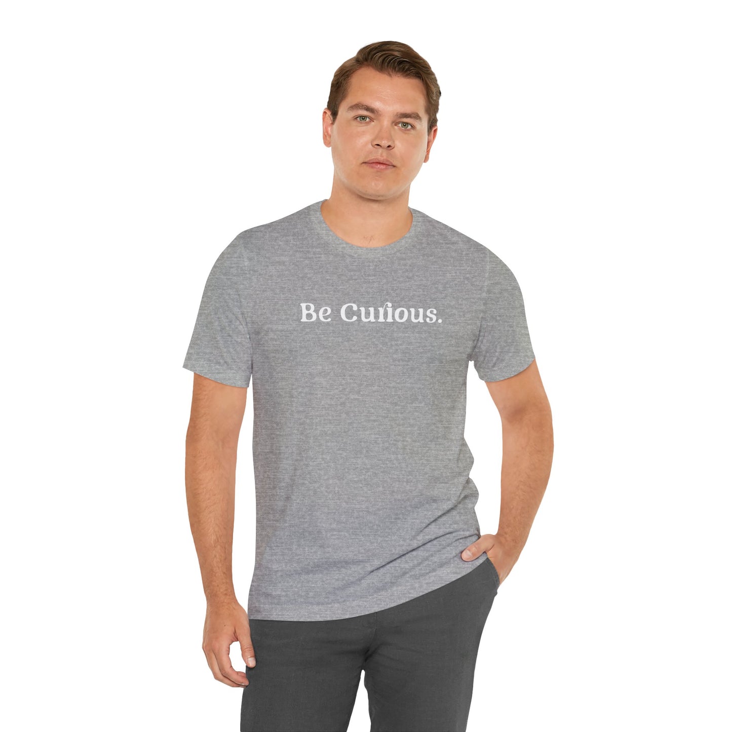Be Curious with Falls Church on back Plain Unisex Jersey Short Sleeve Tee