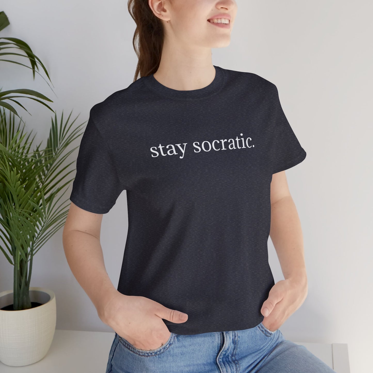 Stay Socratic with Falls Church on back Unisex Jersey Short Sleeve Tee