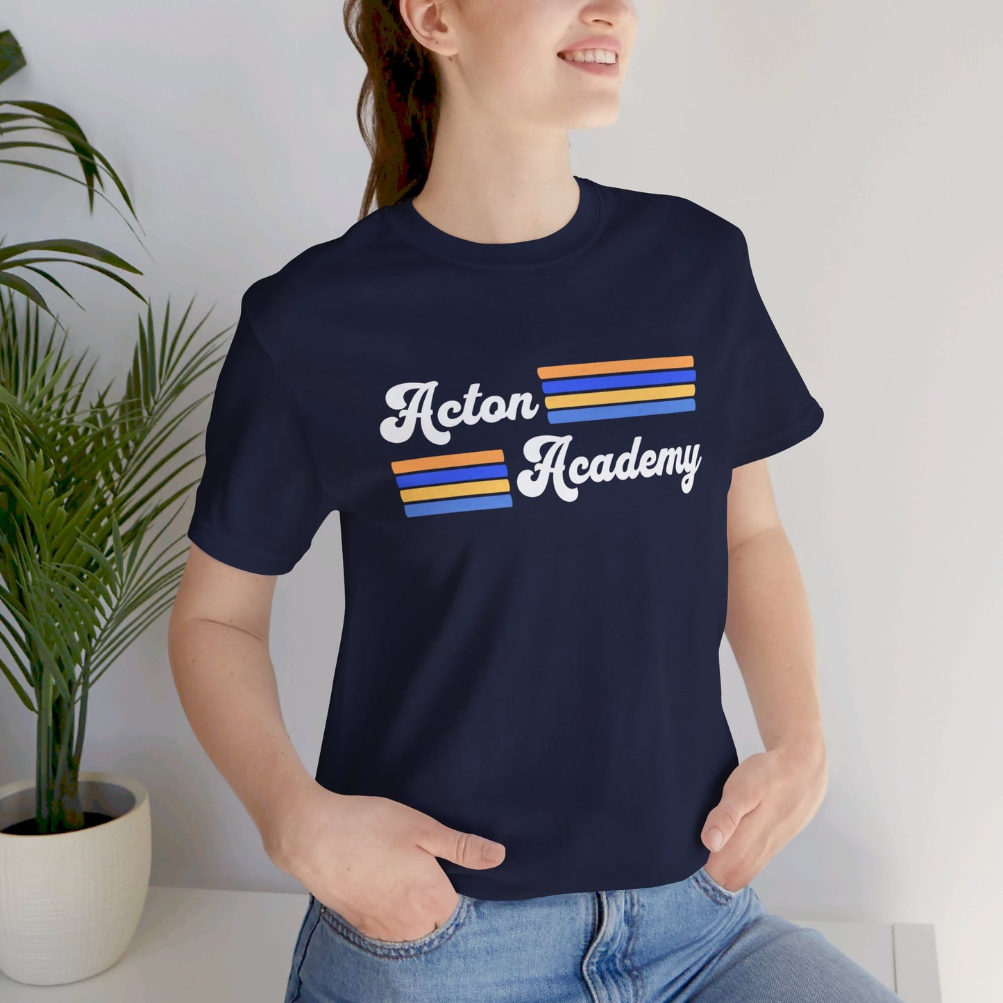 Acton Academy Blue Striped with Madison West on back Unisex Jersey Short Sleeve T-shirt