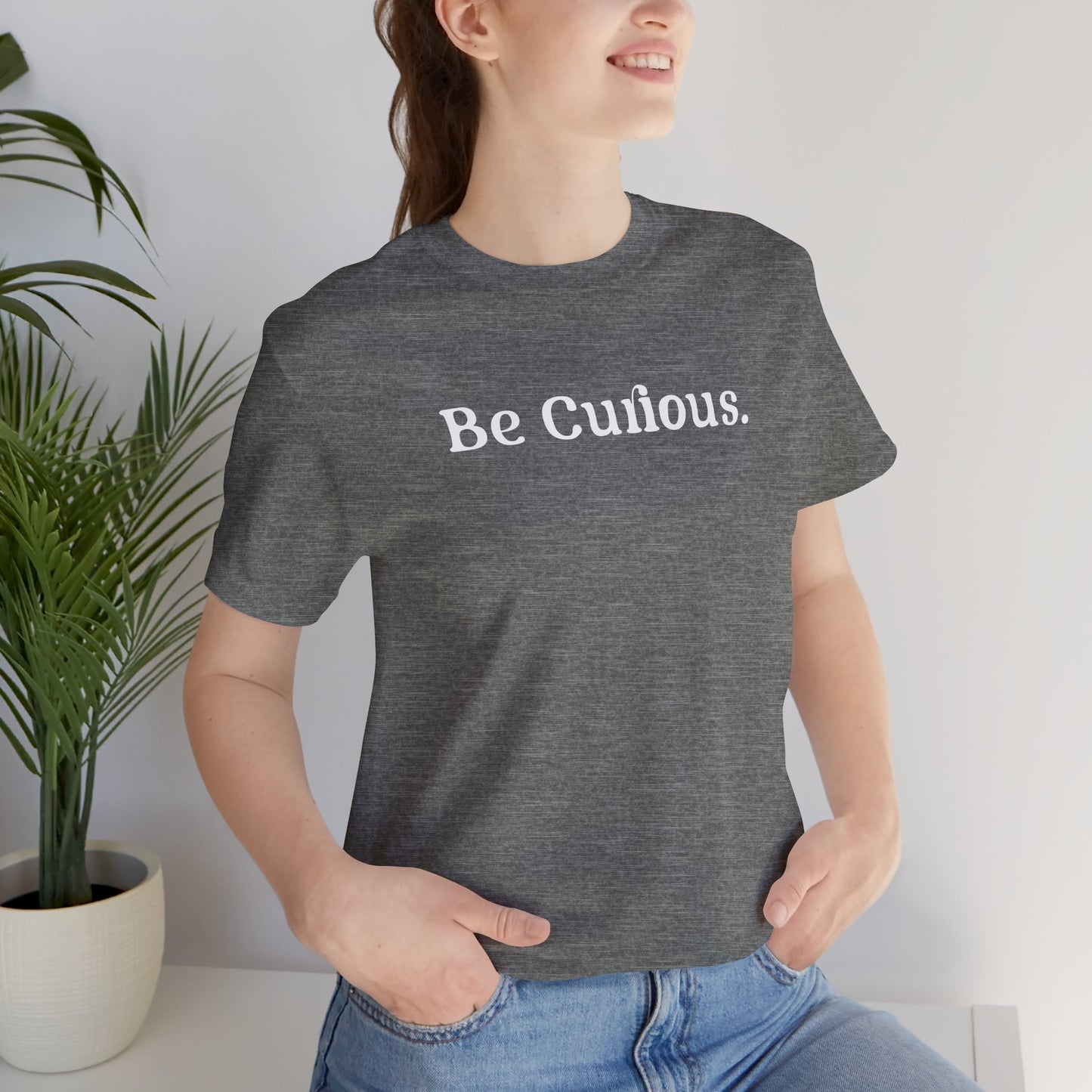Be Curious with Falls Church on back Plain Unisex Jersey Short Sleeve Tee