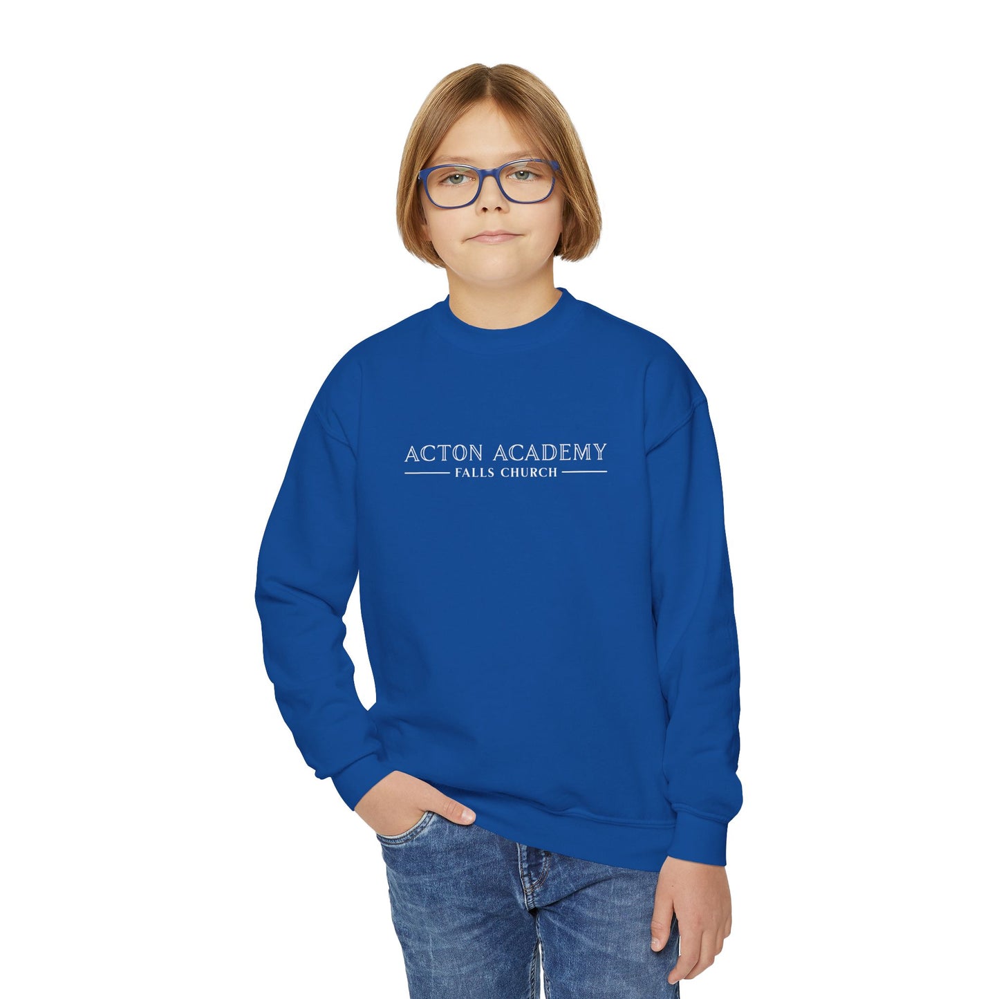 Acton Academy Falls Church White Logo Youth Crewneck Sweatshirt