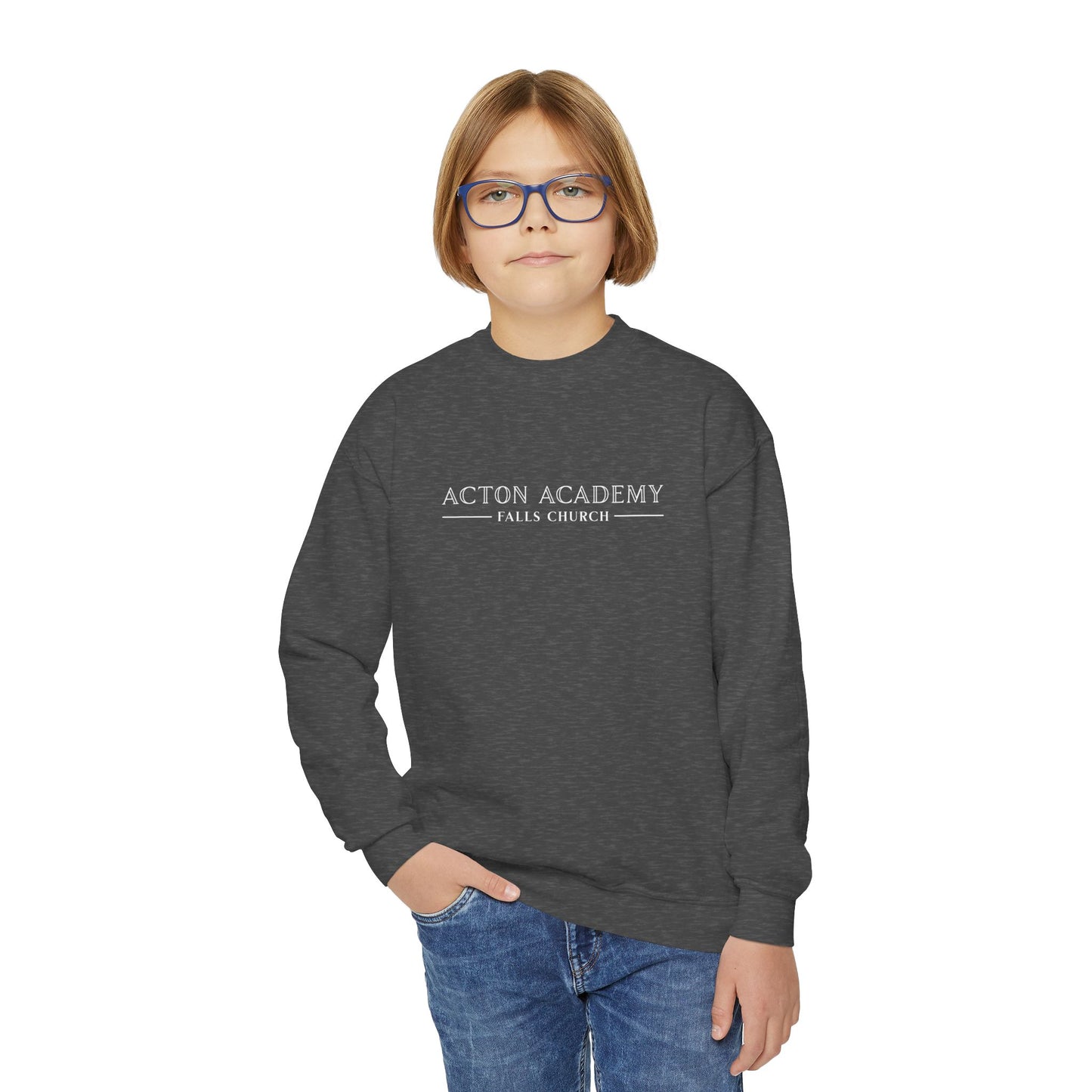 Acton Academy Falls Church White Logo Youth Crewneck Sweatshirt