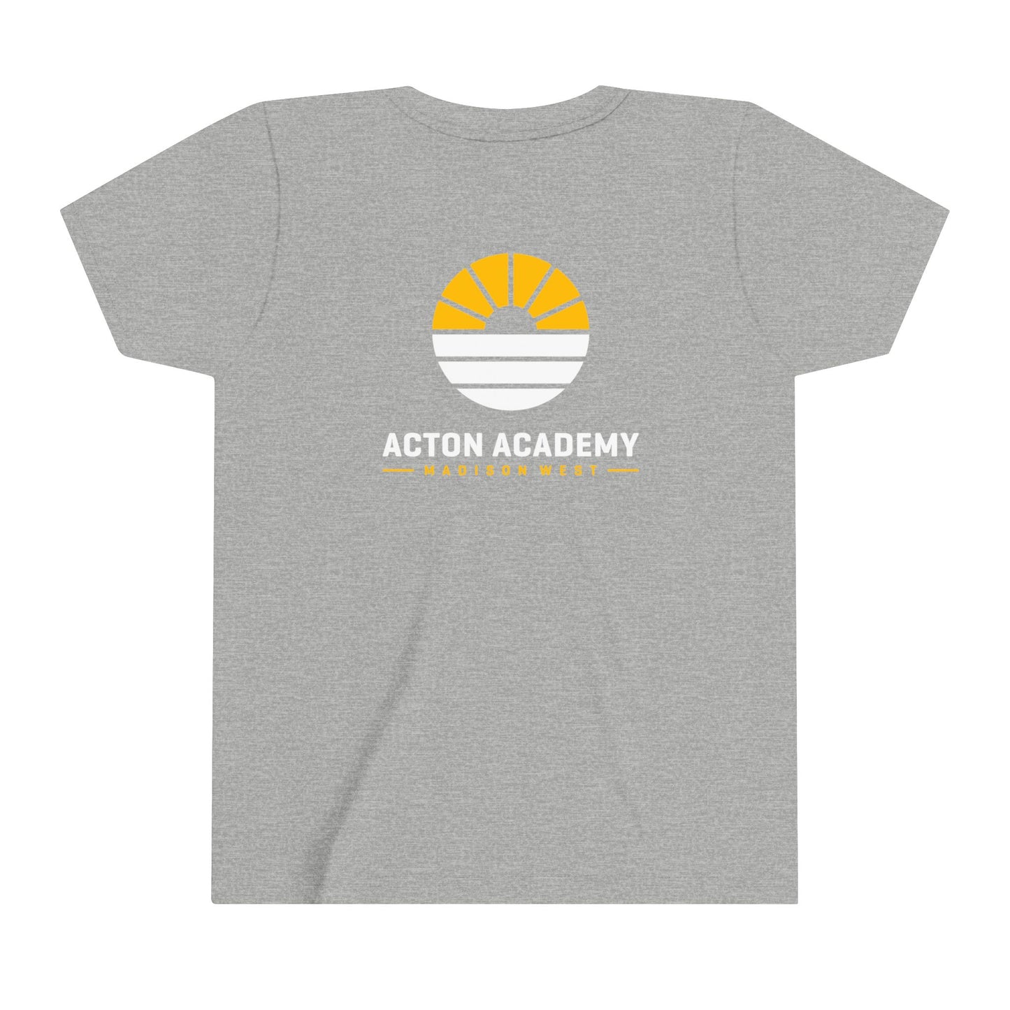 Acton Academy Blue Striped with Madison West on back Youth Short Sleeve Tee