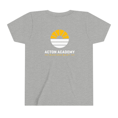 Acton Academy Blue Striped with Madison West on back Youth Short Sleeve Tee